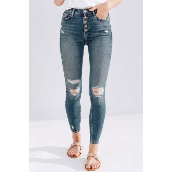 Free People Denim - Free People Sabrina Super Skinny Jeans High-Rise Waist Destroyed Ripped Stretchy